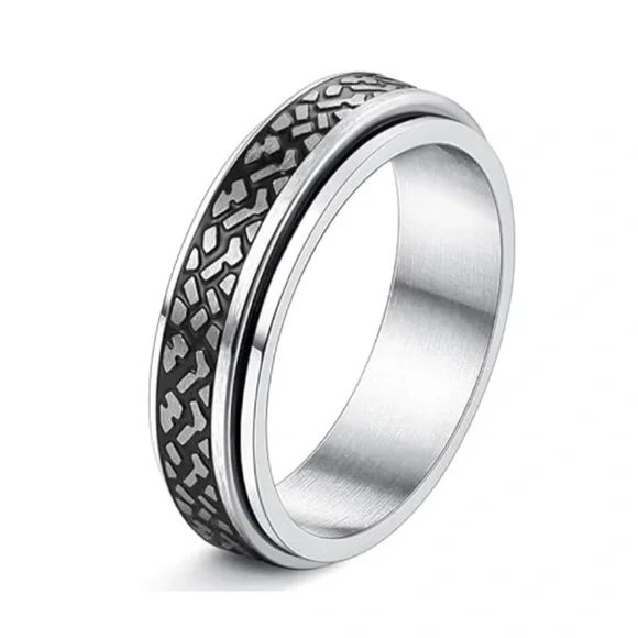 Men’s Black Pattern Inlay Stainless Steel Spinner Ring Anxiety Fidget Band - Picture 3 of 3